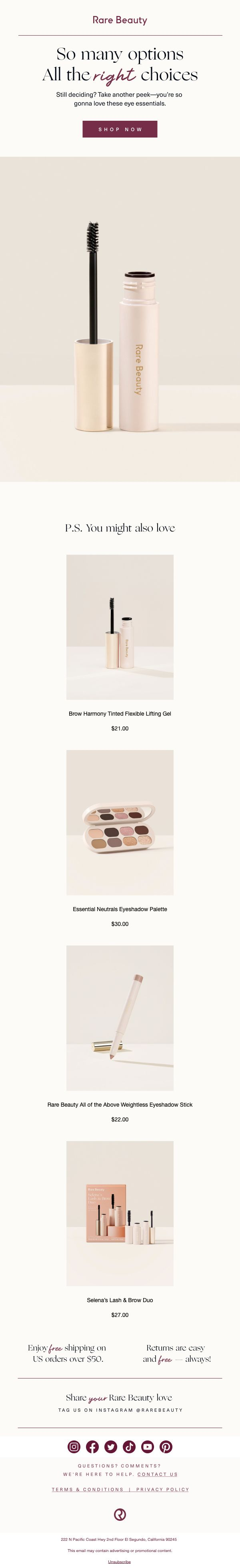 Rare Beauty — Brow gel reminder with eyeshadow and lash recommendations