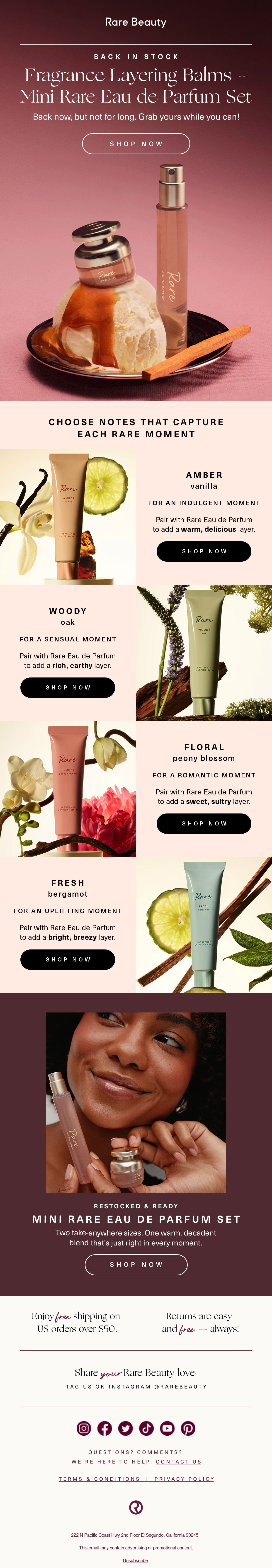 Rare Beauty — Rare Beauty restocks fragrance balms and a mini perfume set with four scent-note pairings.
