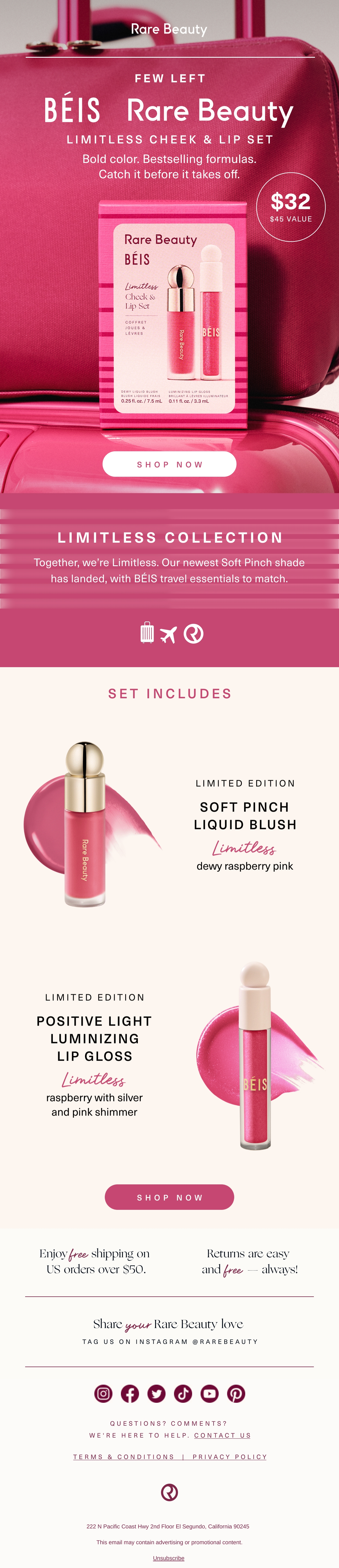 Rare Beauty — BÉIS x Rare Beauty cheek-and-lip set with a limited-stock reminder