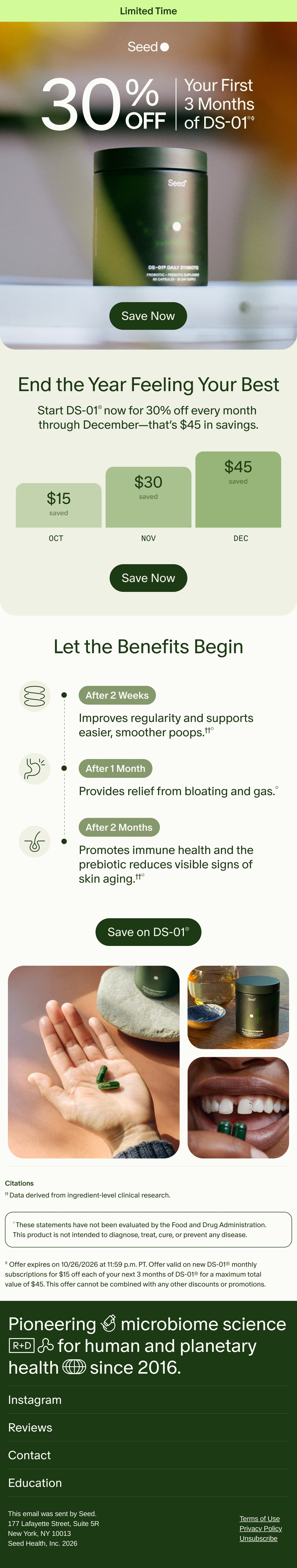 Seed — Seed explains a three-month offer through a savings chart and a timeline of claimed DS-01 benefits.