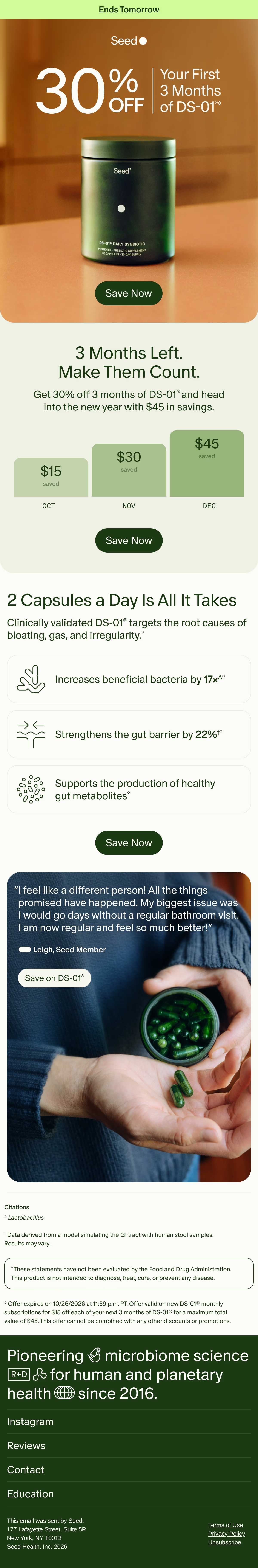 Seed — Seed pairs a three-month discount with a benefit panel, testimonial and supporting source footnotes.