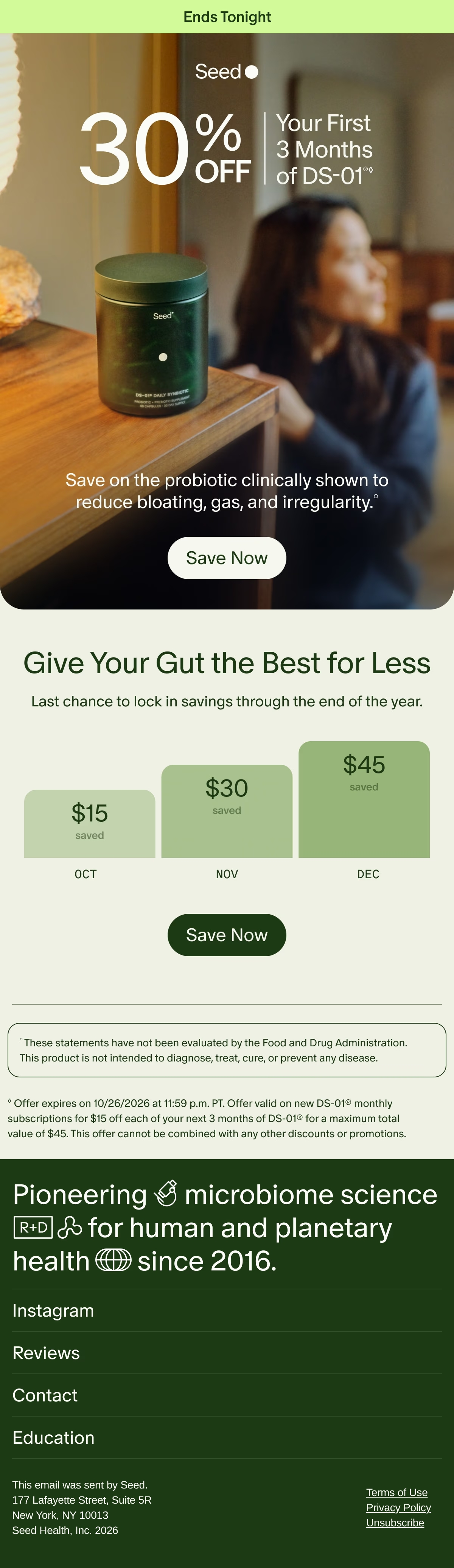 Seed — Seed closes a three-month DS-01 offer with a cumulative savings chart and a short subscription pitch.