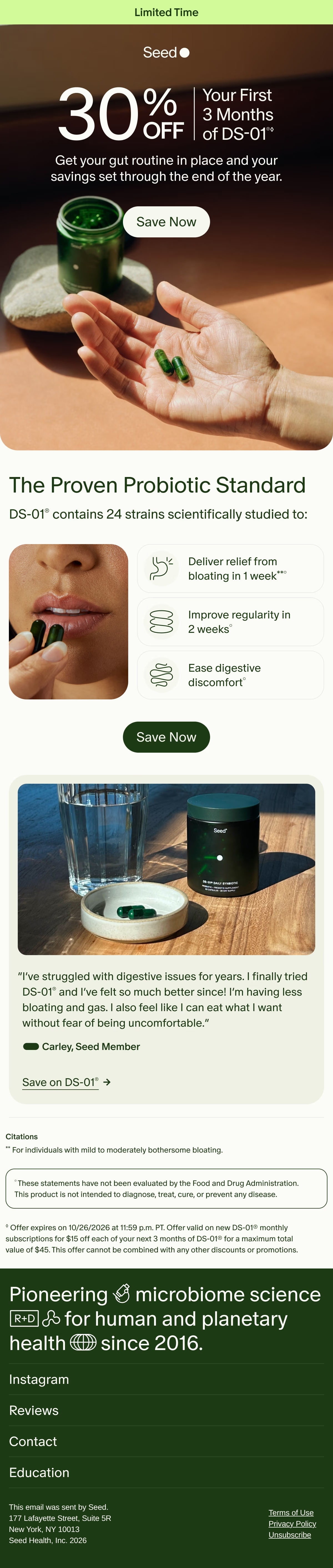 Seed — 30% off the first three months of DS-01 with product evidence and terms