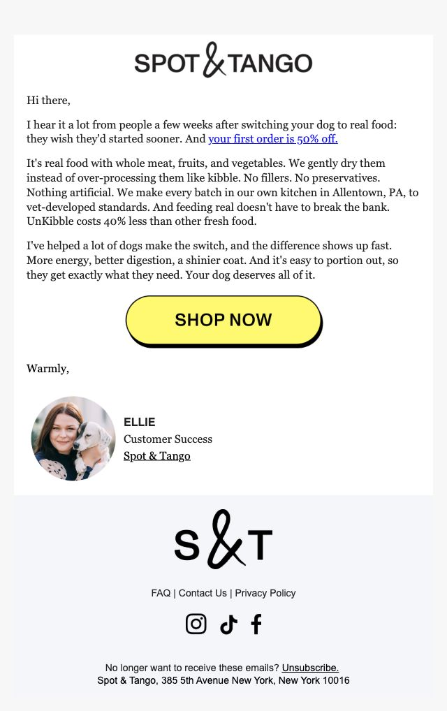 Spot & Tango — Customer-success letter explaining UnKibble and 50% off