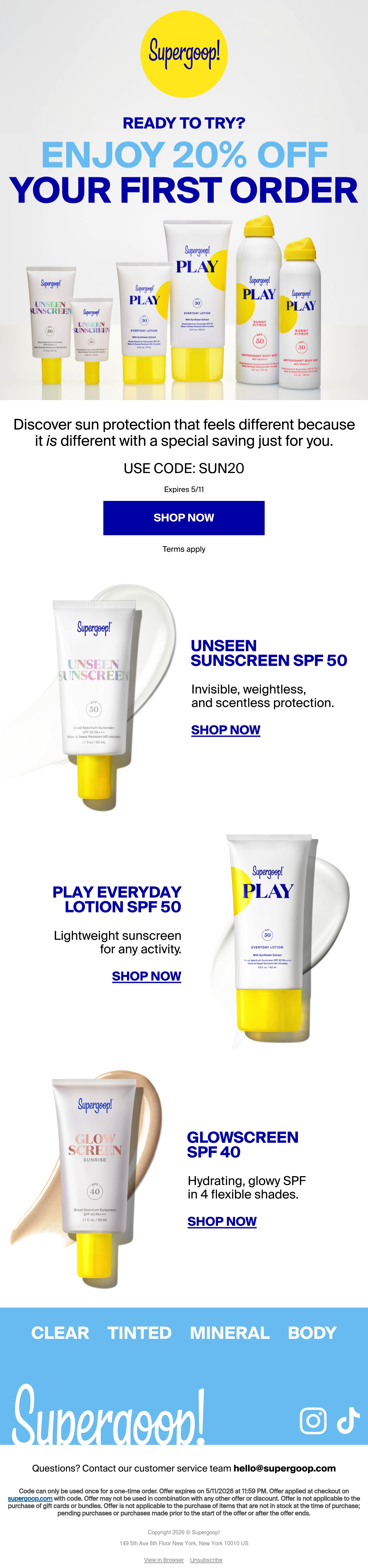 Supergoop! — Supergoop offers 20% off a first order with SUN20 and a three-product SPF introduction.