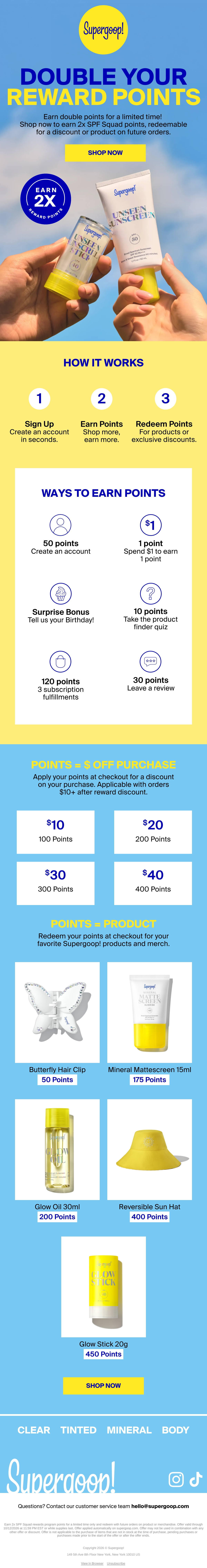 Supergoop! — Supergoop explains double SPF Squad points, earning actions and cash or product redemption options.