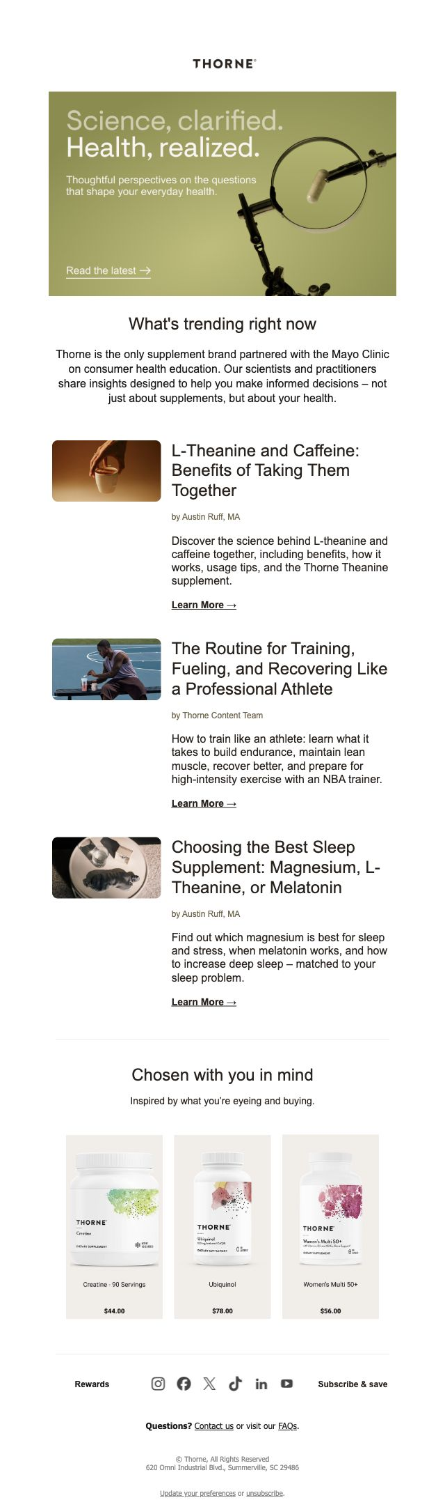 Thorne — Three health articles on caffeine, training and sleep supplements