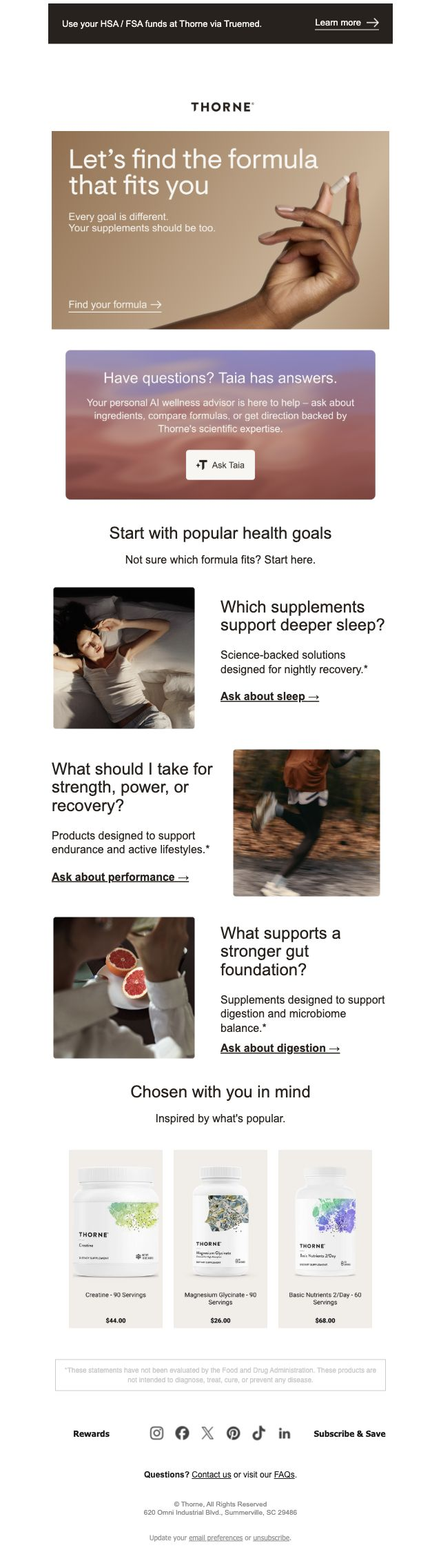 Thorne — Supplement finder with sleep, performance and gut-health prompts