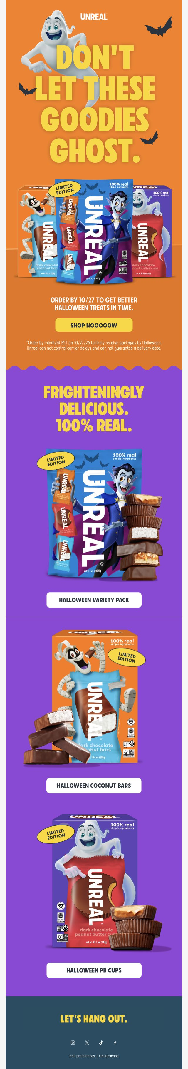 UNREAL Snacks — Halloween candy packs and an October 27 order deadline