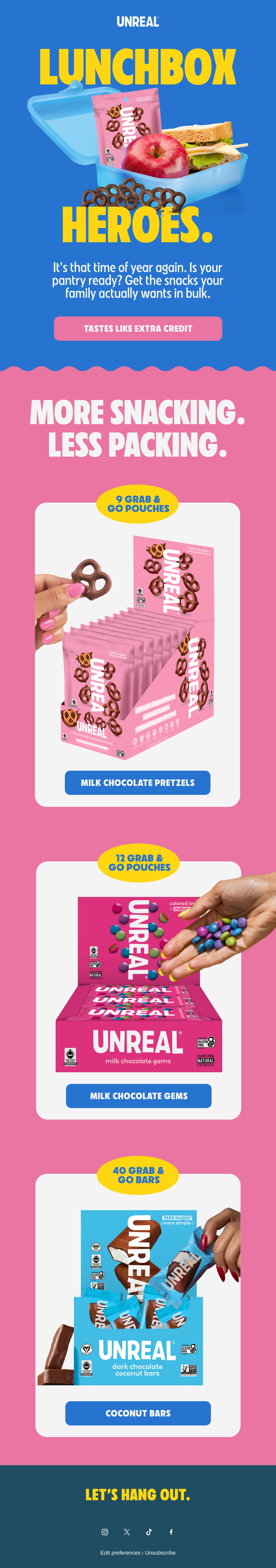 UNREAL Snacks — UNREAL prepares lunchboxes for school with three bulk snack formats and their pack counts.