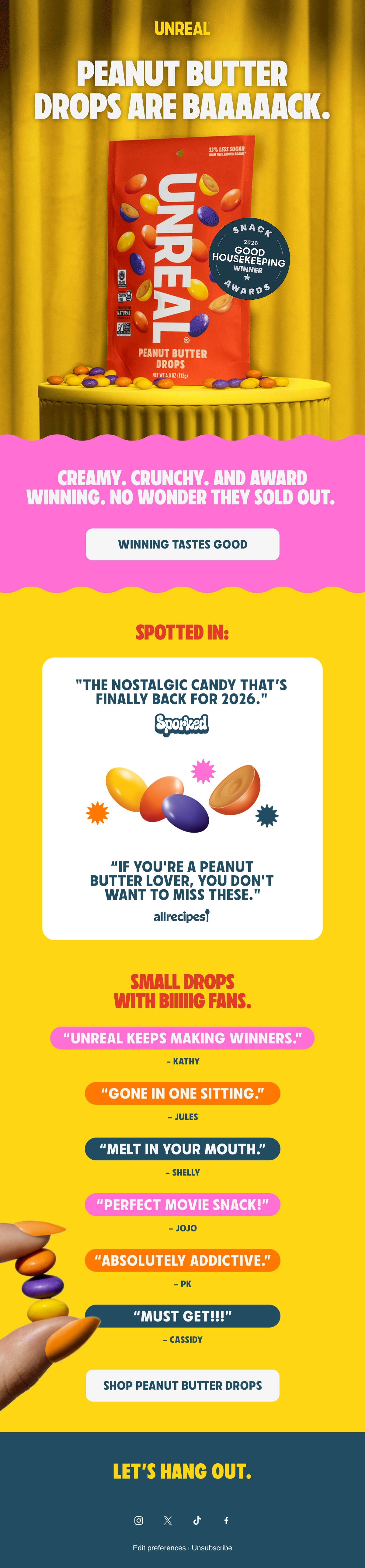 UNREAL Snacks — Peanut Butter Drops restock supported by awards and customer quotes