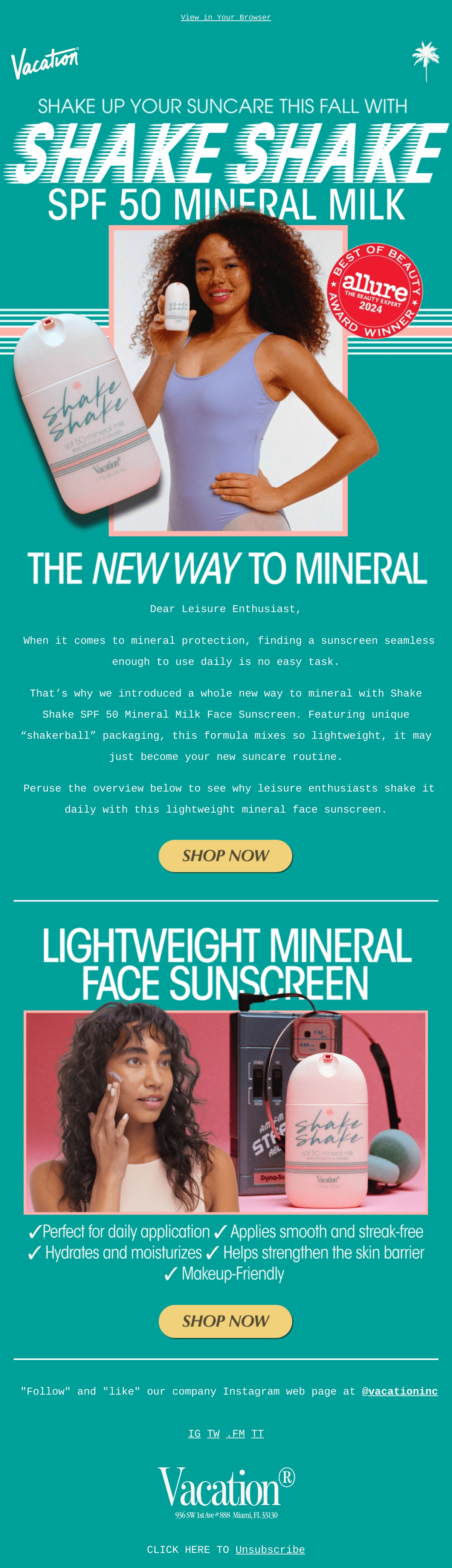 Vacation — Vacation explains Shake Shake Mineral Milk through its shakerball package and application photographs.