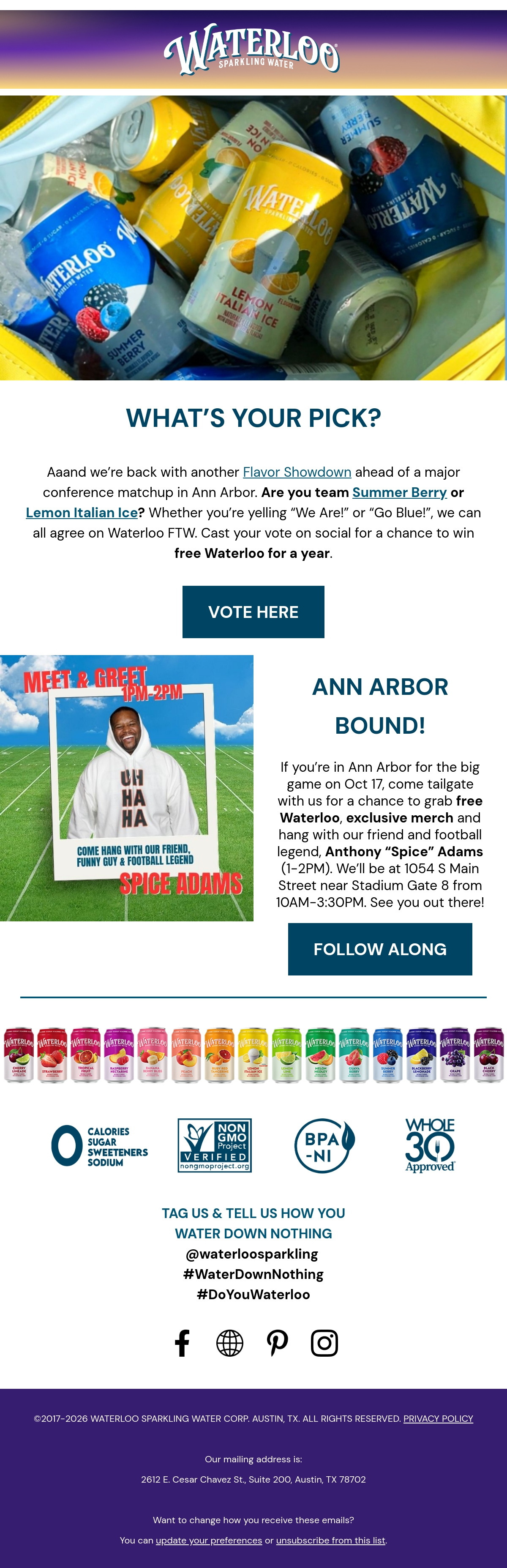 Waterloo — Ann Arbor tailgate, Spice Adams meet-and-greet and a flavor vote