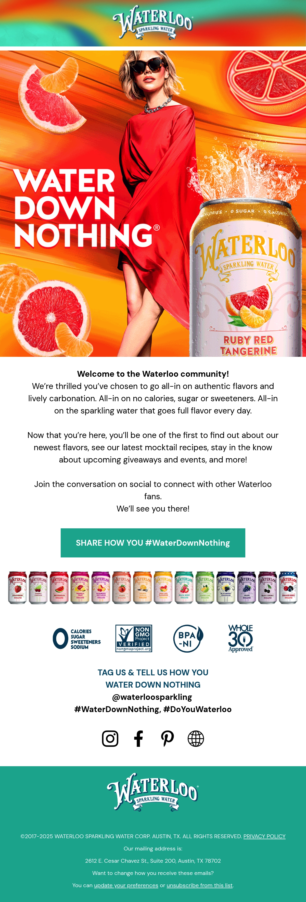 Waterloo — Waterloo welcomes subscribers with a Ruby Red Tangerine campaign portrait and a guide to community updates.
