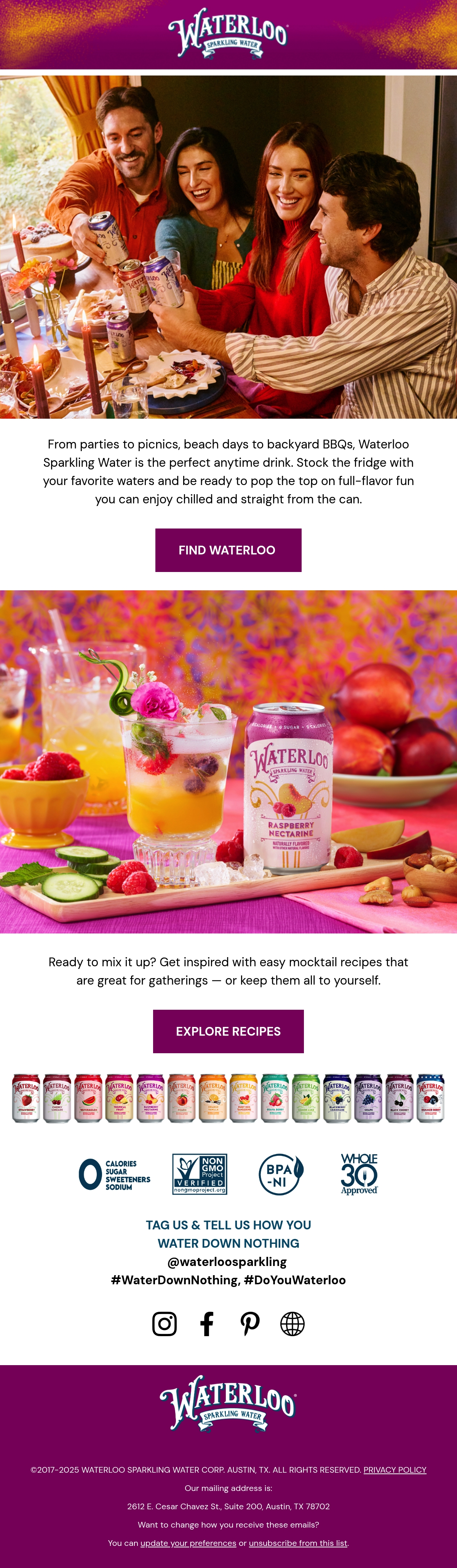 Waterloo — Waterloo pairs a shared-table photograph with mocktail inspiration and a store-finding button.