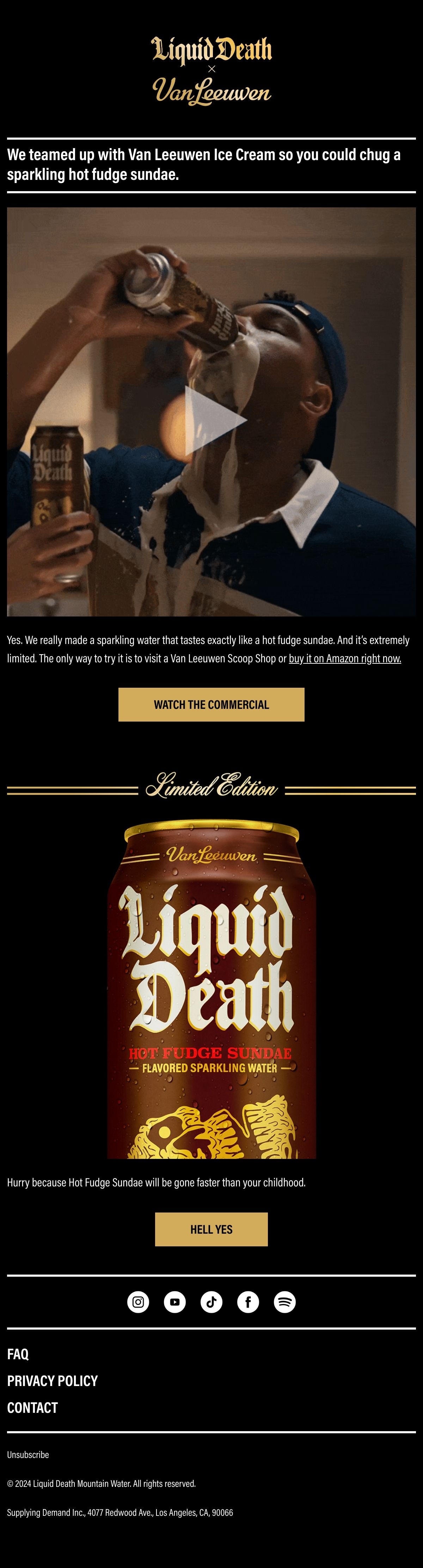 Liquid Death — Van Leeuwen hot fudge sundae collaboration