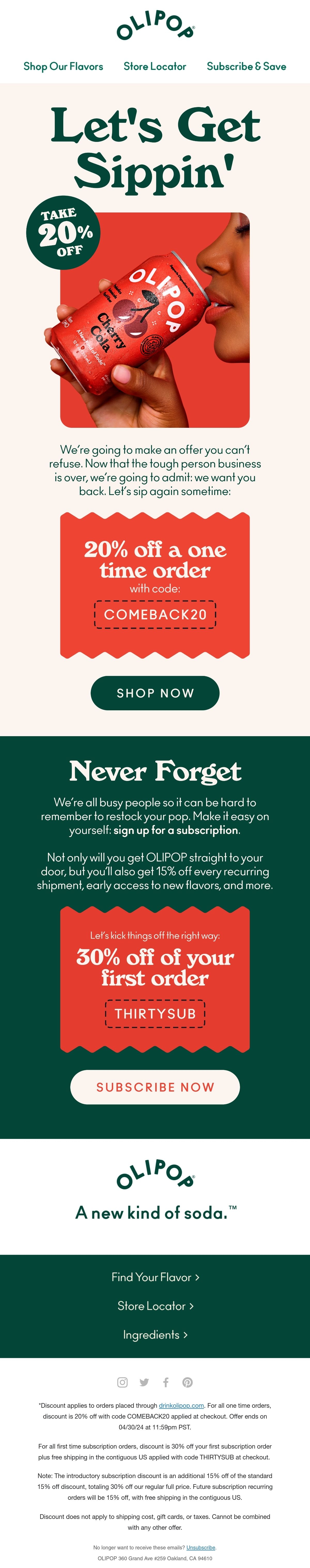 OLIPOP — 20% win-back offer and 30% subscription incentive