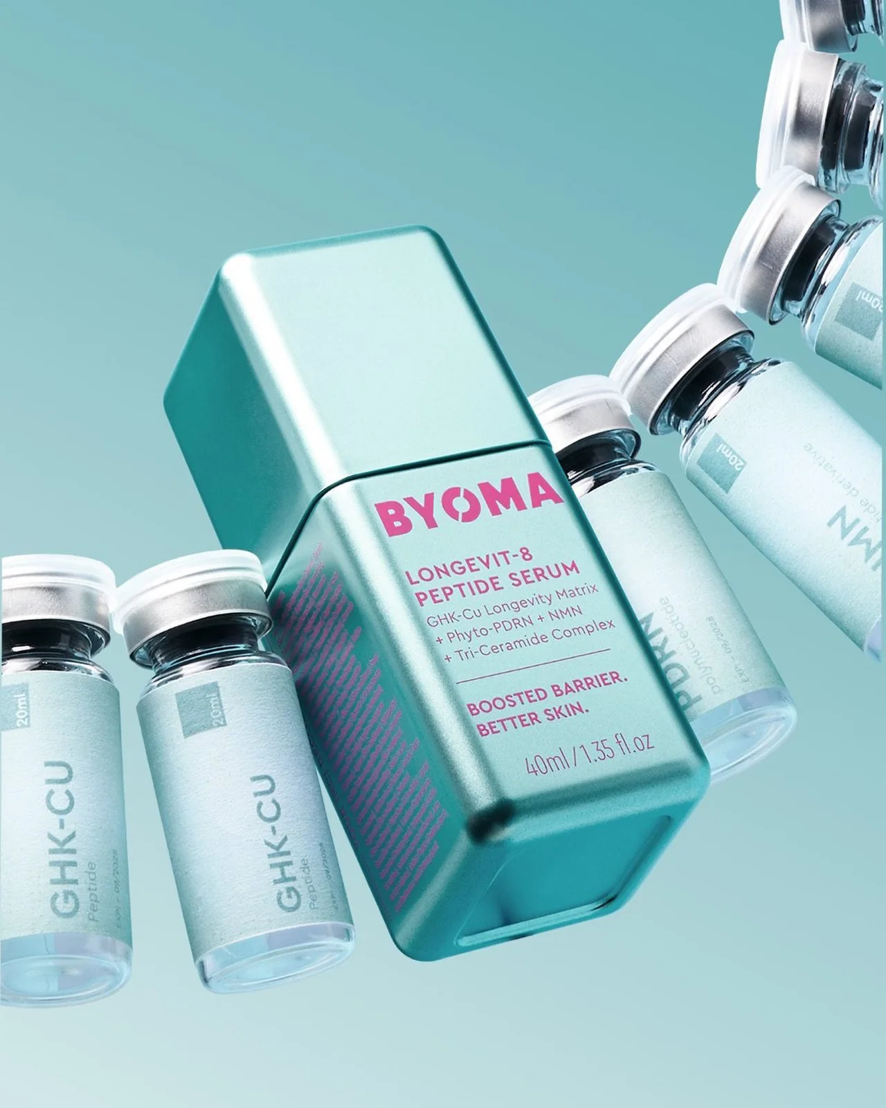 BYOMA — A serum bottle suspended from a silver chain