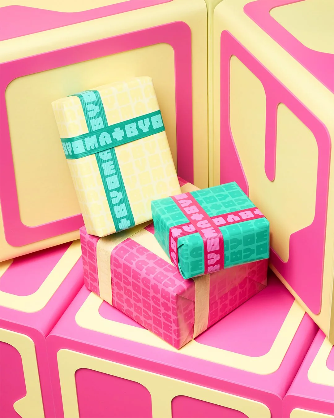 BYOMA — Wrapped skincare bottles on a pink and yellow gift backdrop