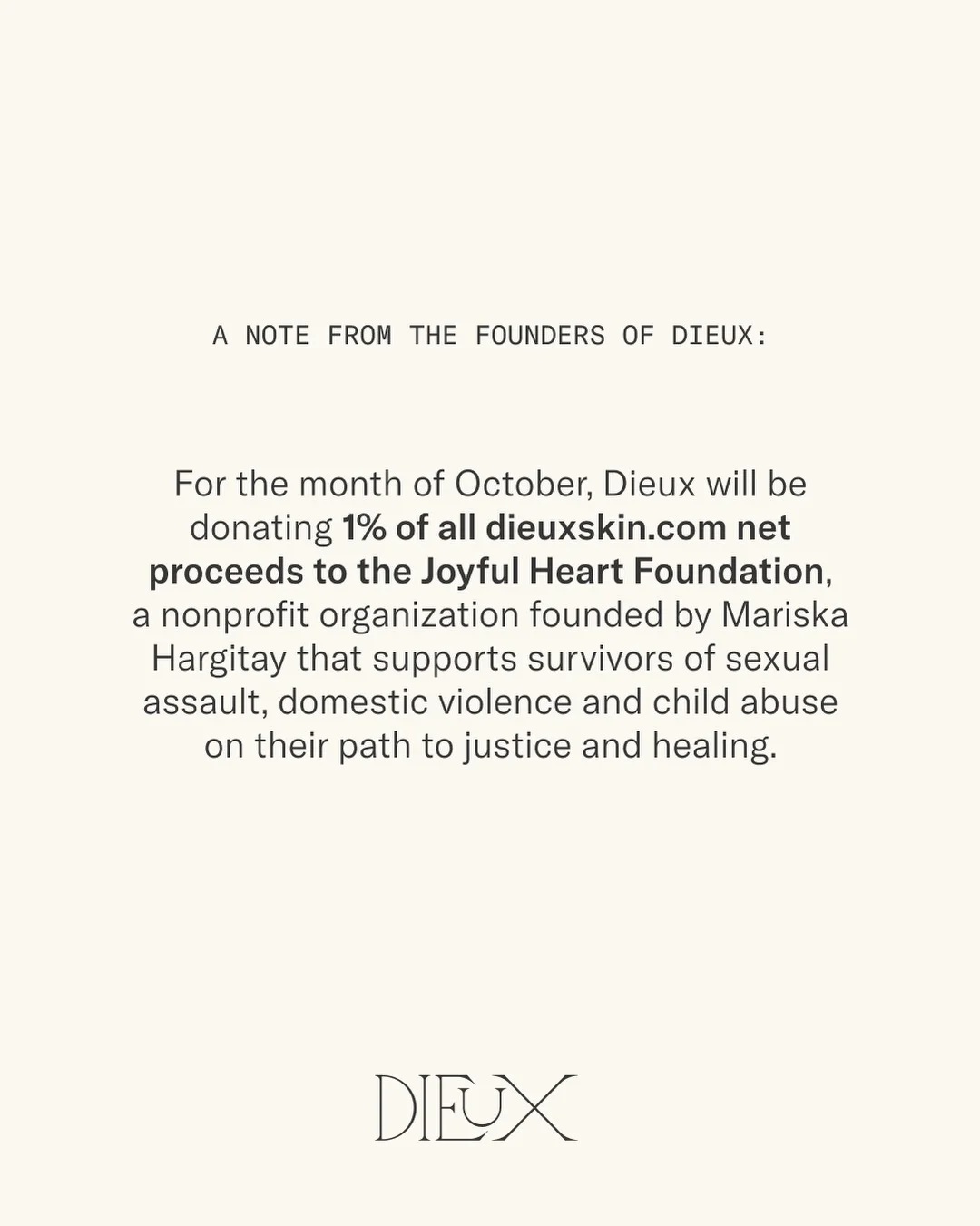 Dieux — A founder letter announcing October support for Joyful Heart Foundation
