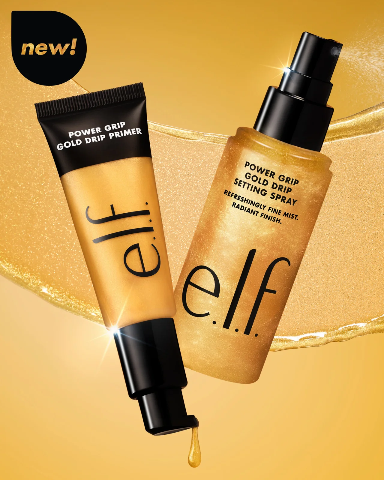 e.l.f. Cosmetics — Power Grip Gold Drip primer and setting spray on a gold background