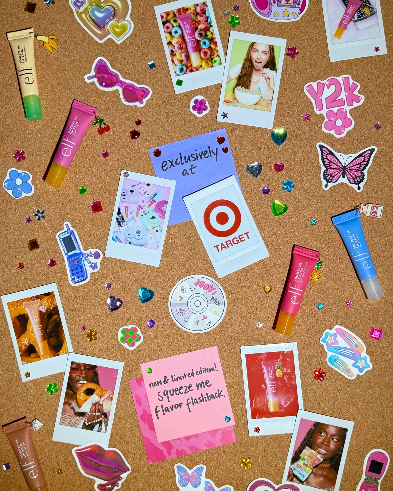 e.l.f. Cosmetics — Target lip balms and Instax cameras arranged on a Y2K mood board