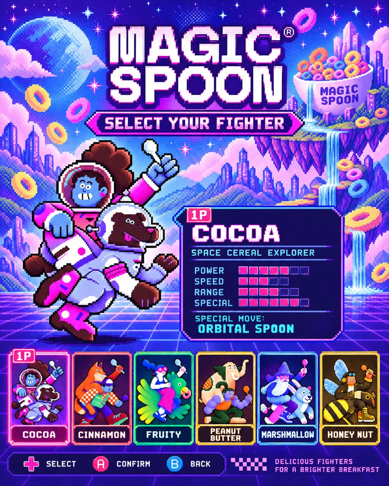 Magic Spoon — Cereal flavors presented as a video-game character roster