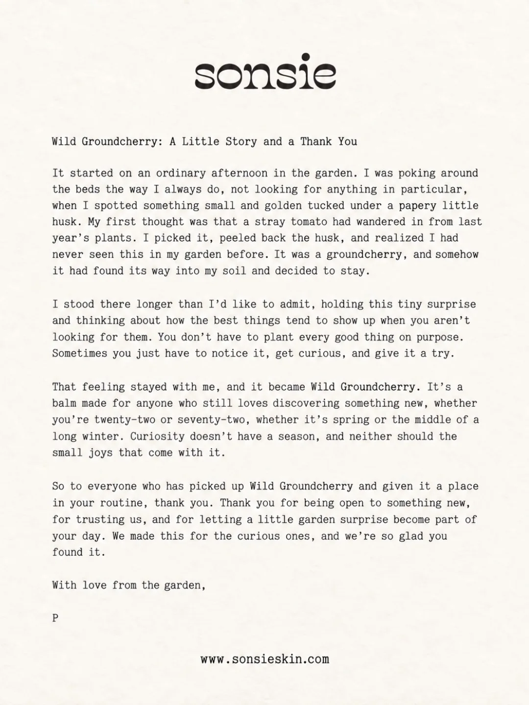 Sonsie — Wild Groundcherry balm from Pamela's garden note to packaging proofs