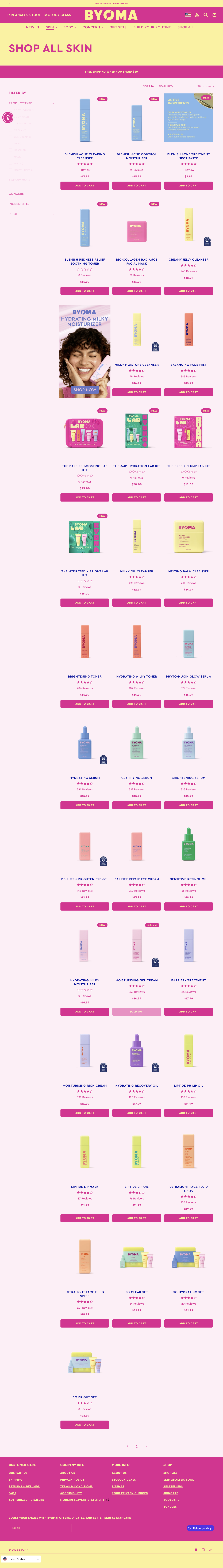 BYOMA — A skincare grid with concern and ingredient filters