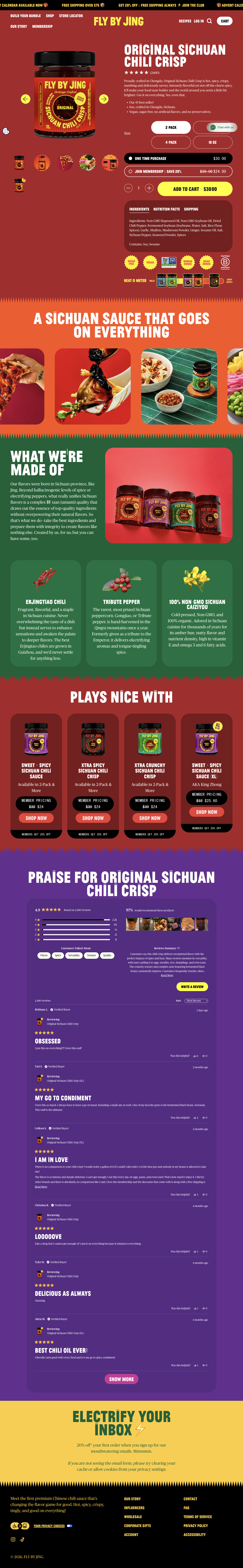 Fly By Jing — Red and green product storytelling with membership purchase options