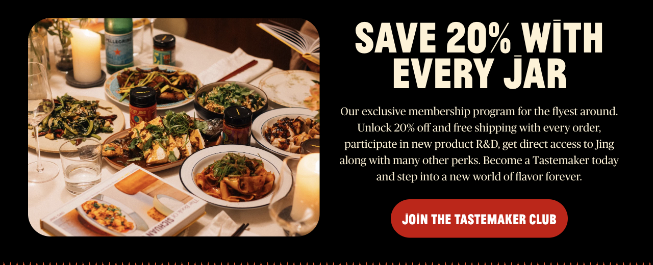 Fly By Jing — A dining-table photograph introduces Tastemaker Club benefits
