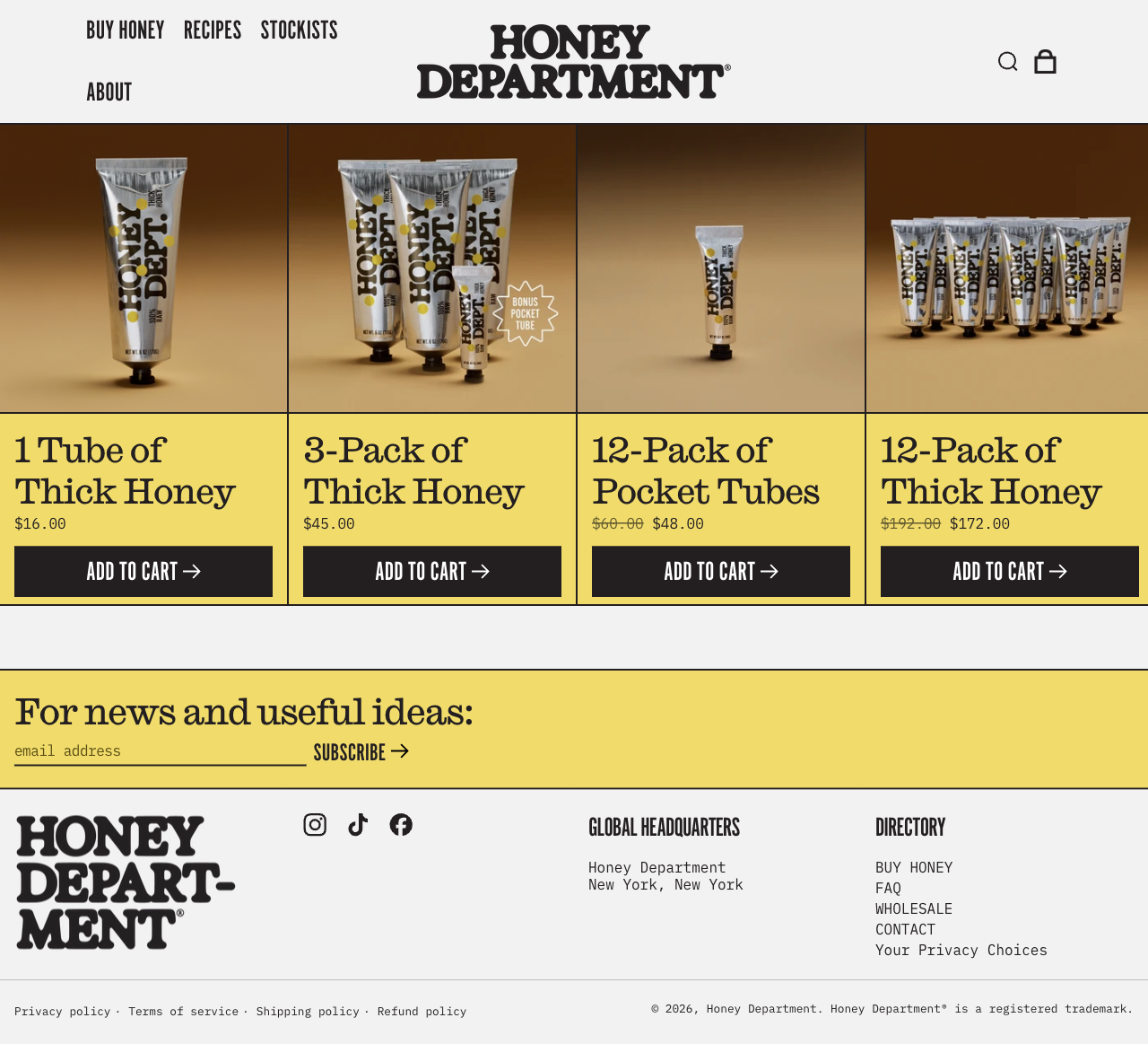 Honey Department — Four honey pack sizes above a yellow signup bar