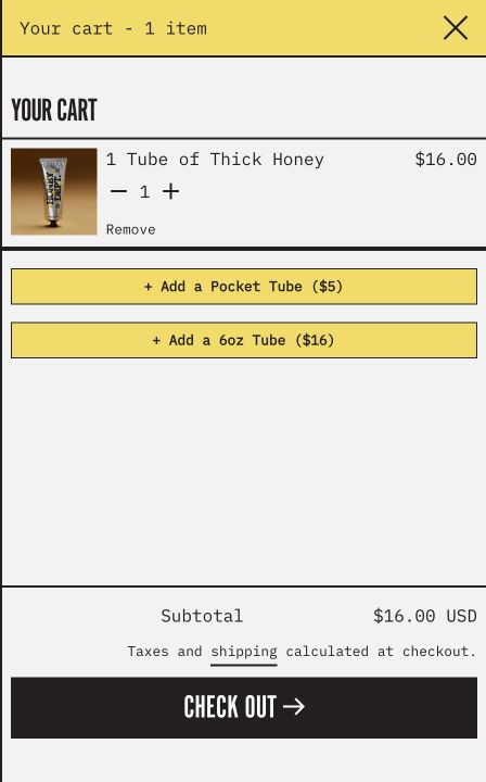 Honey Department — A populated cart drawer with two optional tube add-ons