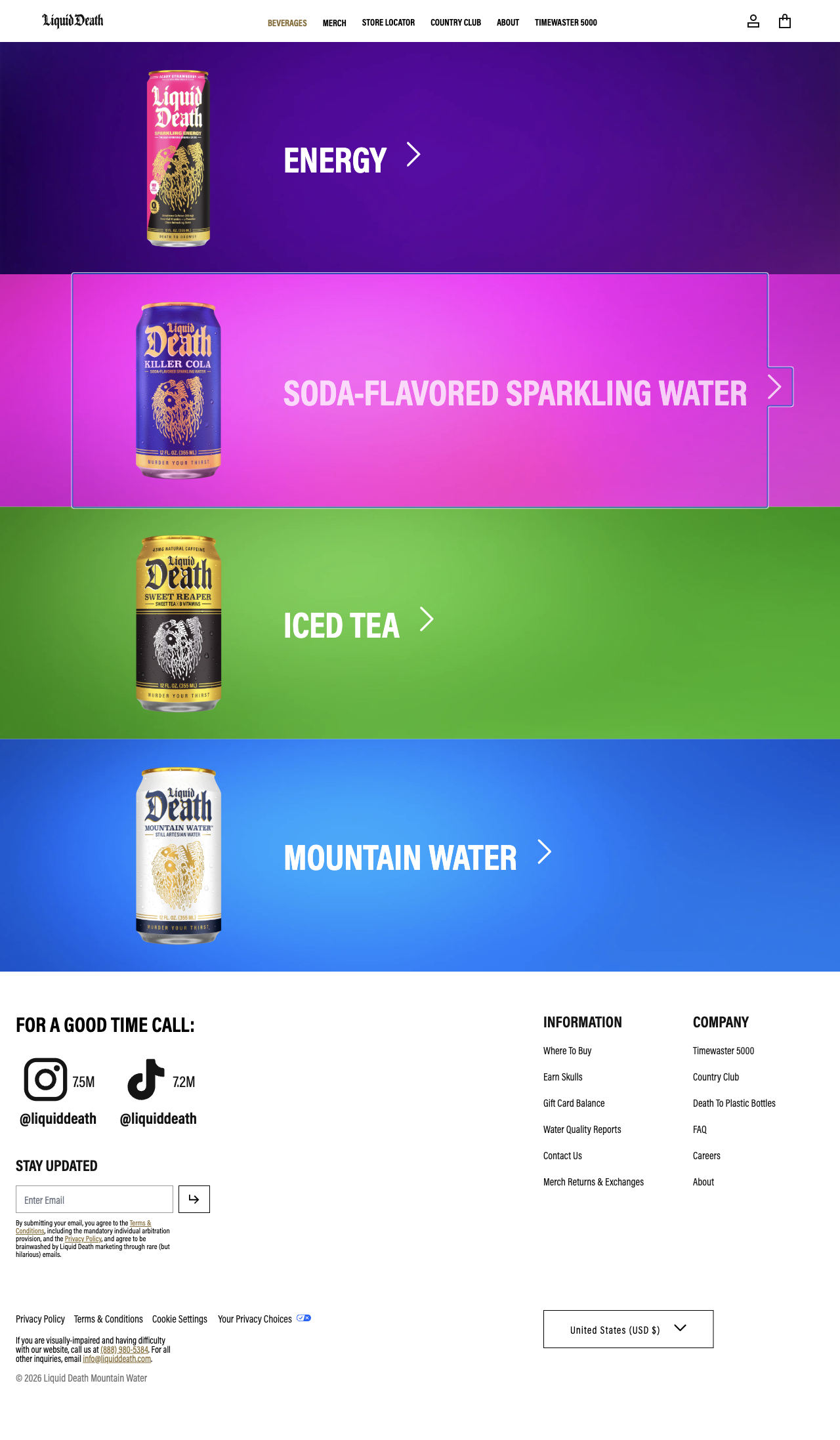 Liquid Death — Four color-coded beverage families lead into the product ranges