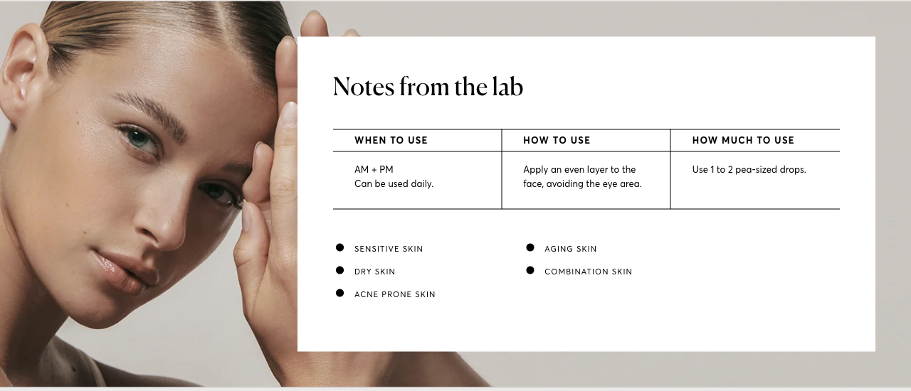 Naturium — A lab-notes card summarizes timing, application and amount