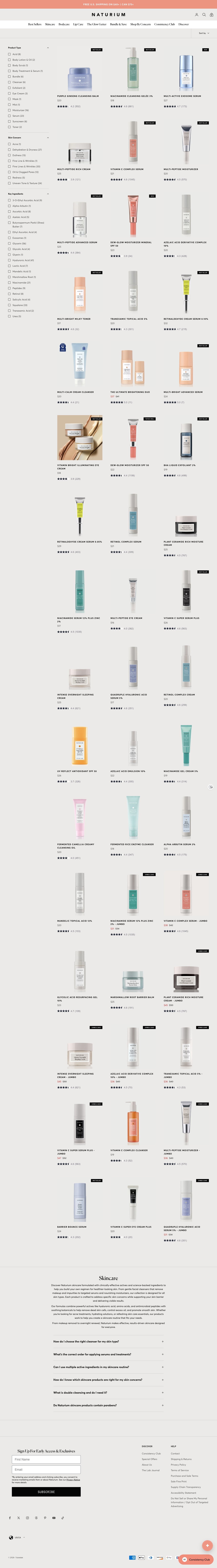 Naturium — A restrained skincare grid with product, concern and ingredient filters
