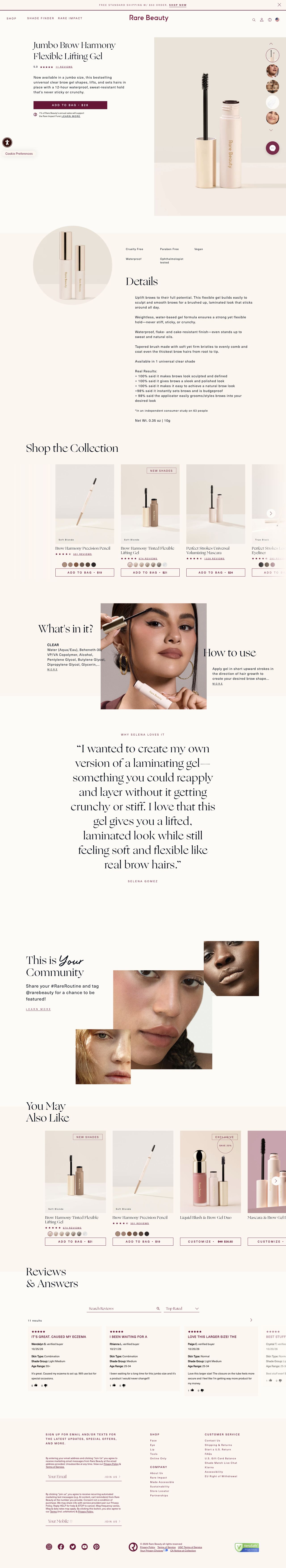 Rare Beauty — Brow-gel details, application imagery and founder commentary