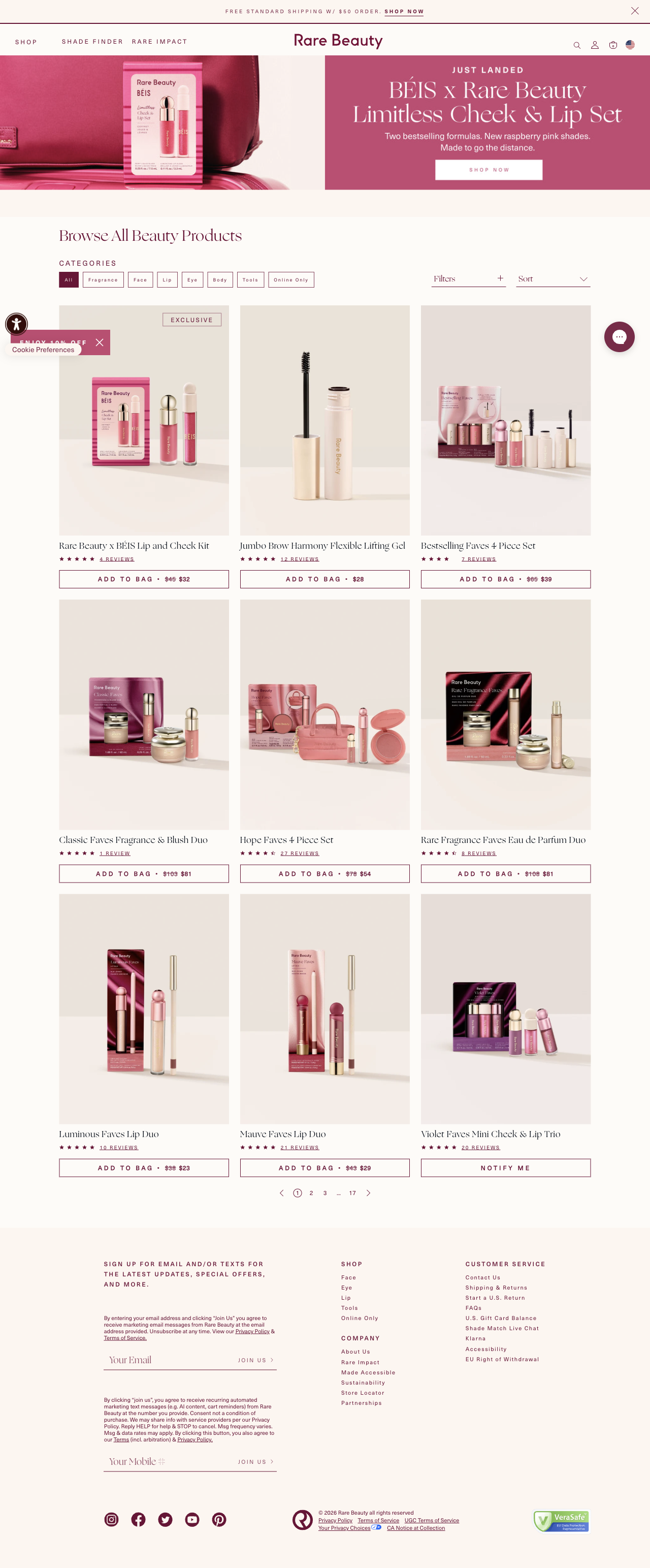 Rare Beauty — A campaign banner introduces a filterable beauty grid