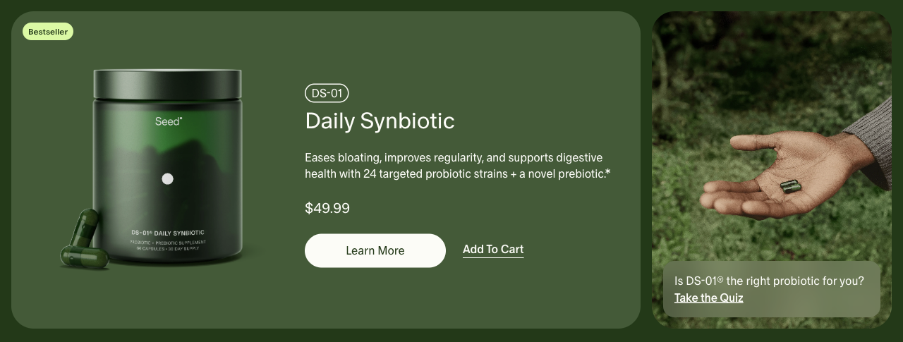 Seed — A featured synbiotic pairs product details with a quiz prompt