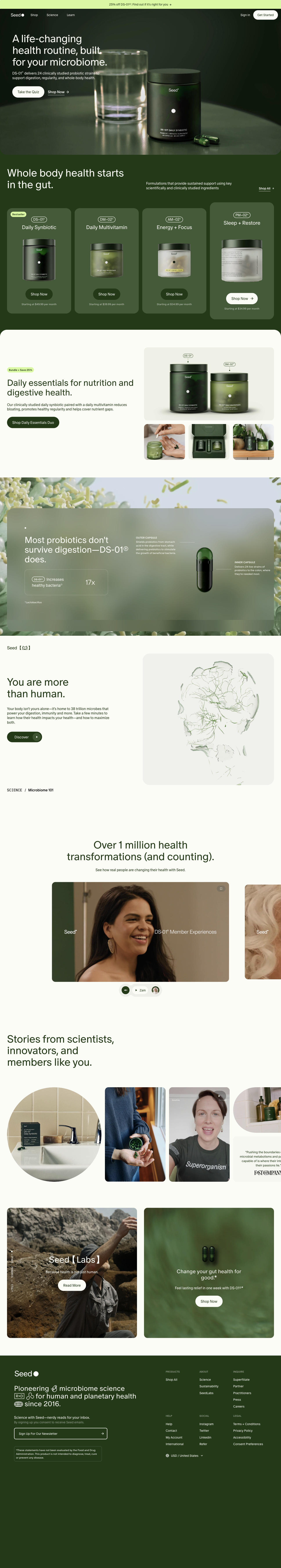 Seed — Dark green product features connect microbiome education and customer stories