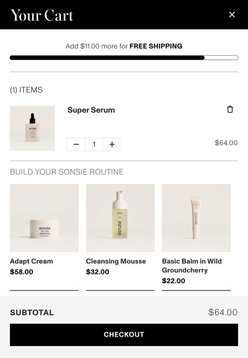 Sonsie — One serum bottle sits above recommendations and a separate subtotal