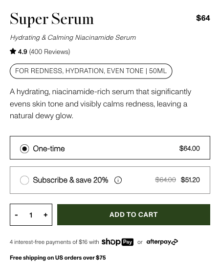 Sonsie — A bordered purchase selector contrasts one-time and recurring prices
