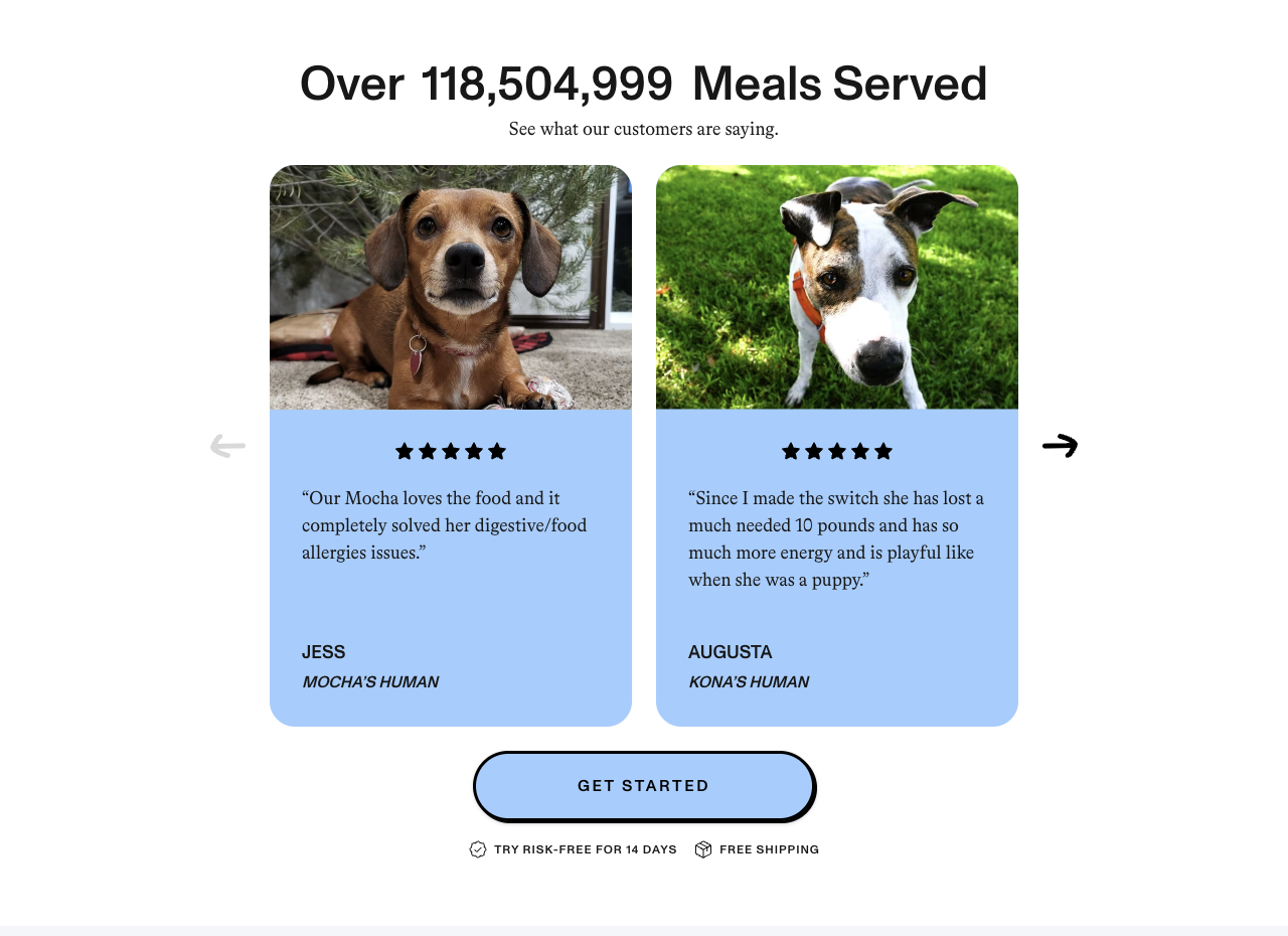 Spot & Tango — Dog portraits introduce two customer stories on blue cards