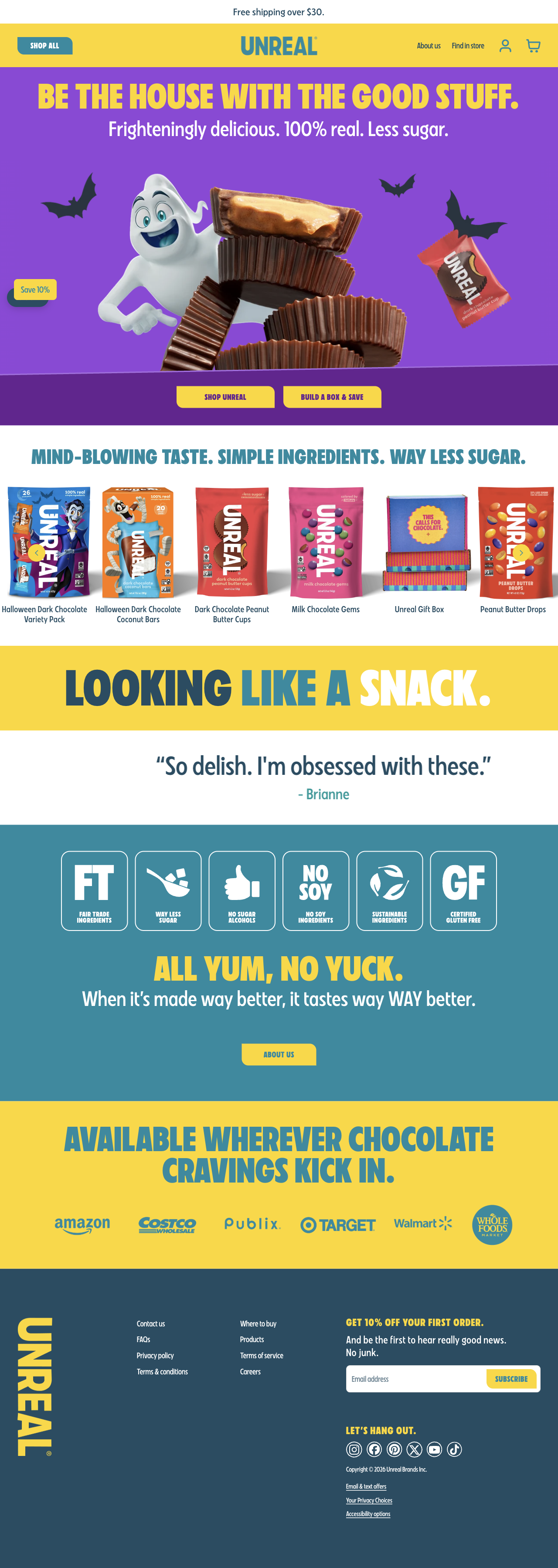 UNREAL Snacks — Yellow and teal merchandising with a playful chocolate assortment