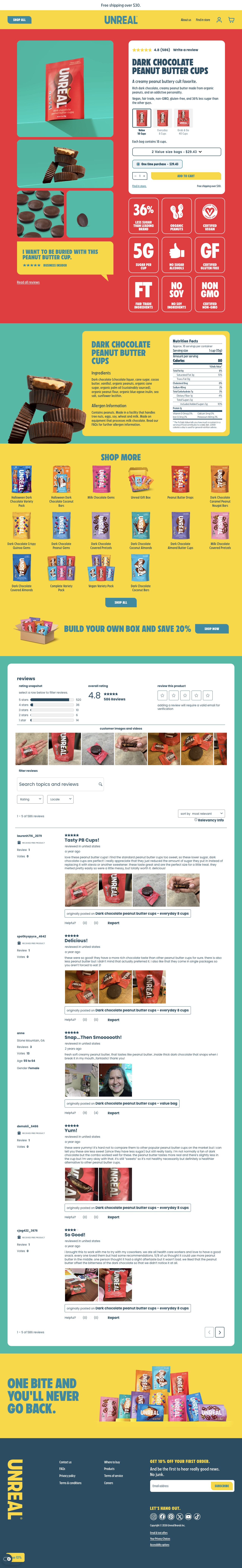 UNREAL Snacks — Chocolate photography and benefit badges lead into nutrition and reviews