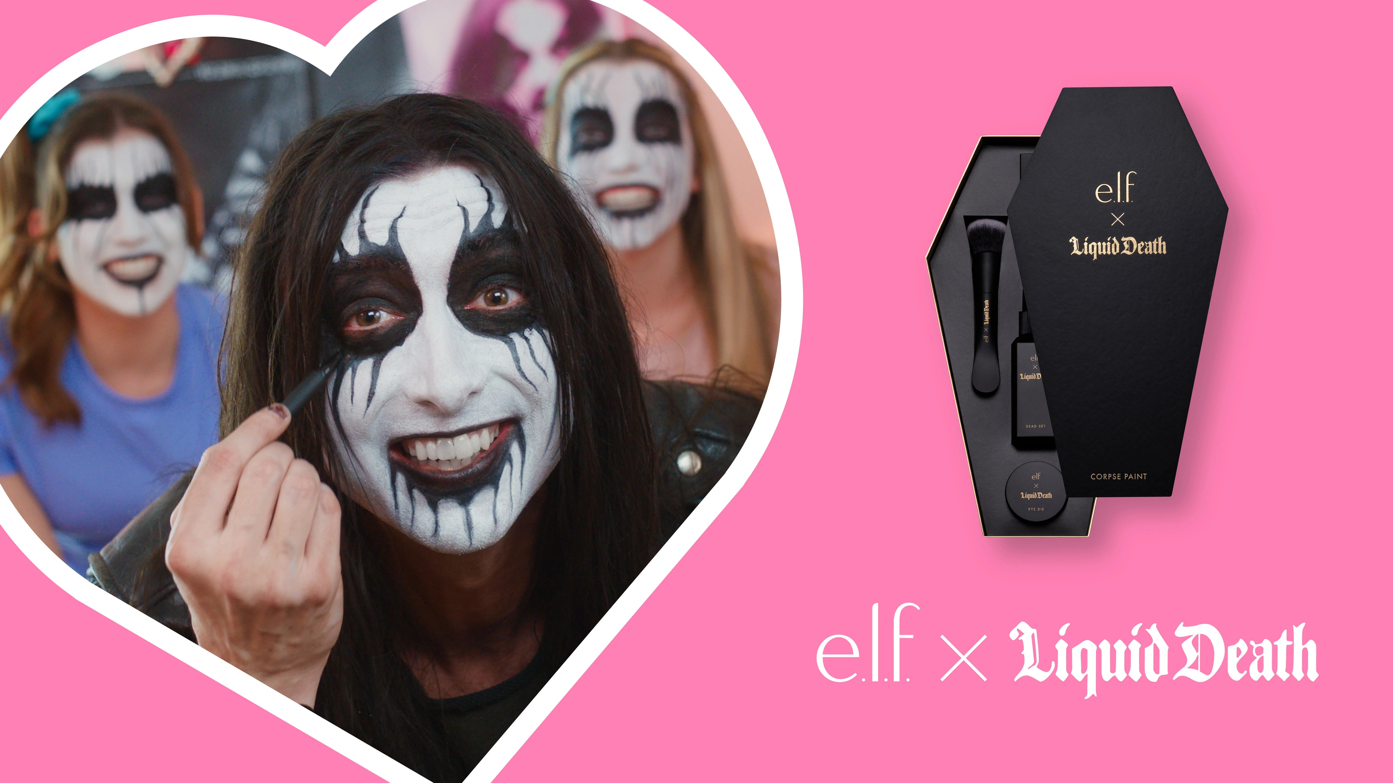 Liquid Death’s pink campaign artwork showing Glothar, two friends in corpse paint and the makeup vault