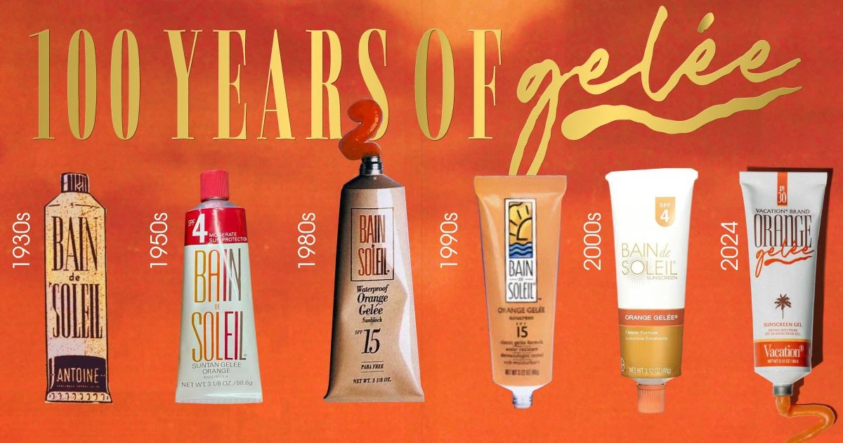 Vacation’s 100 Years of Gelée creative showing the product’s packaging across decades on an orange background