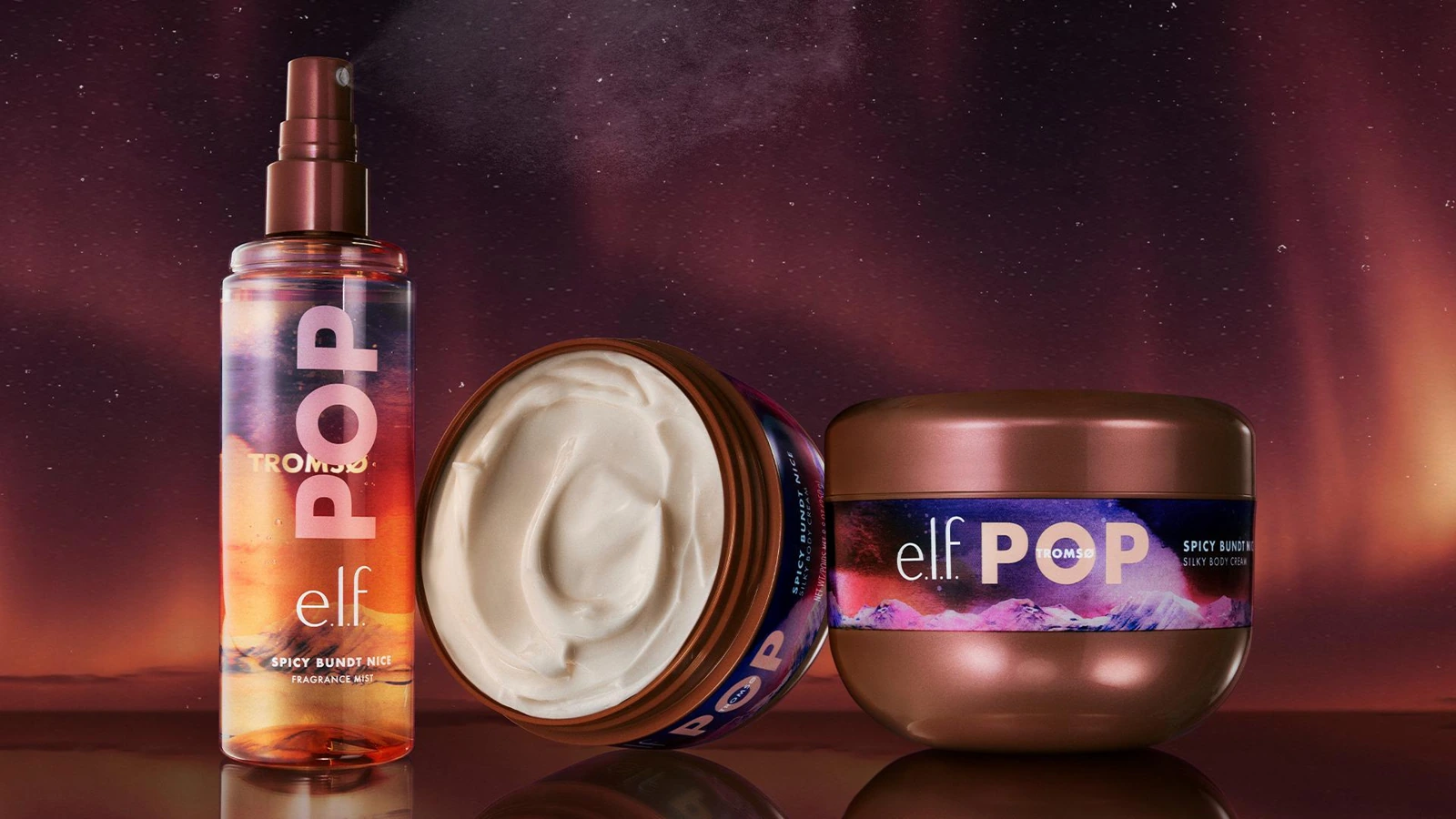 e.l.f. POP mist and cream with mountain artwork against an aurora-colored background