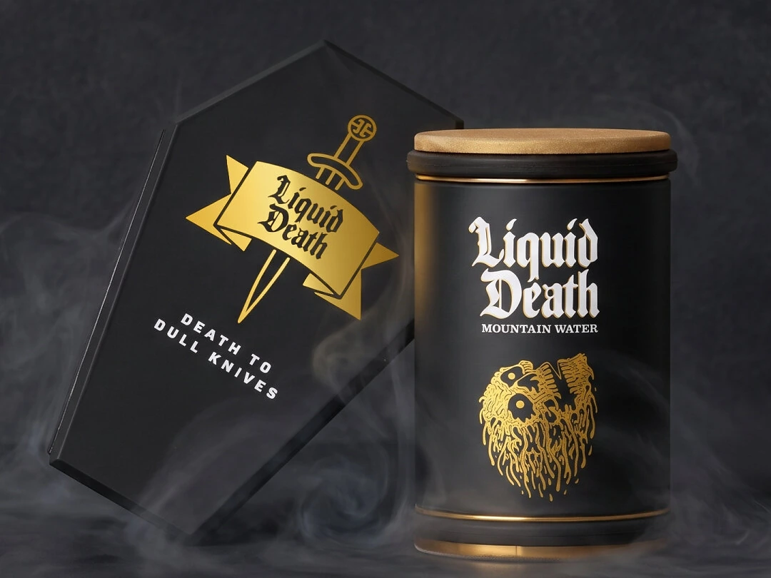 Liquid Death rolling sharpener and complete coffin-shaped holder