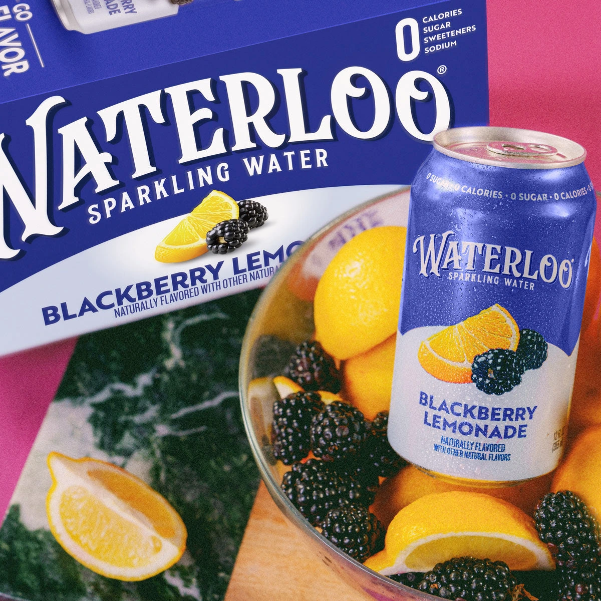 Waterloo Blackberry Lemonade can with its refreshed carton, lemons and blackberries